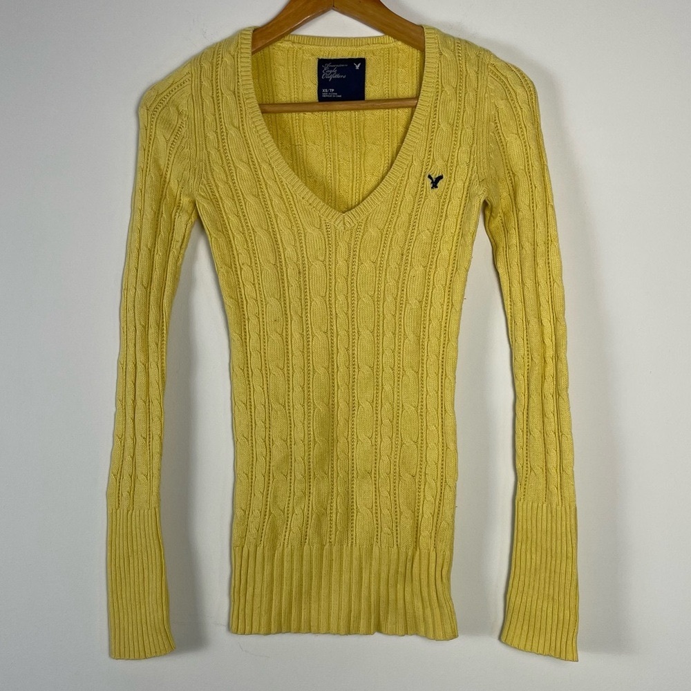 Vintage Y2K American Eagle Sweater Women XSmall Cable Knit‎ V Neck Slim Longline